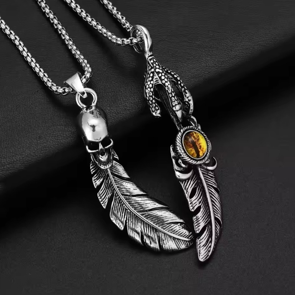 2 Pc Platinum Feathers W/ Skull & Eagle Eye & Talon Punk Bohemian Necklace Set - Picture 2 of 6